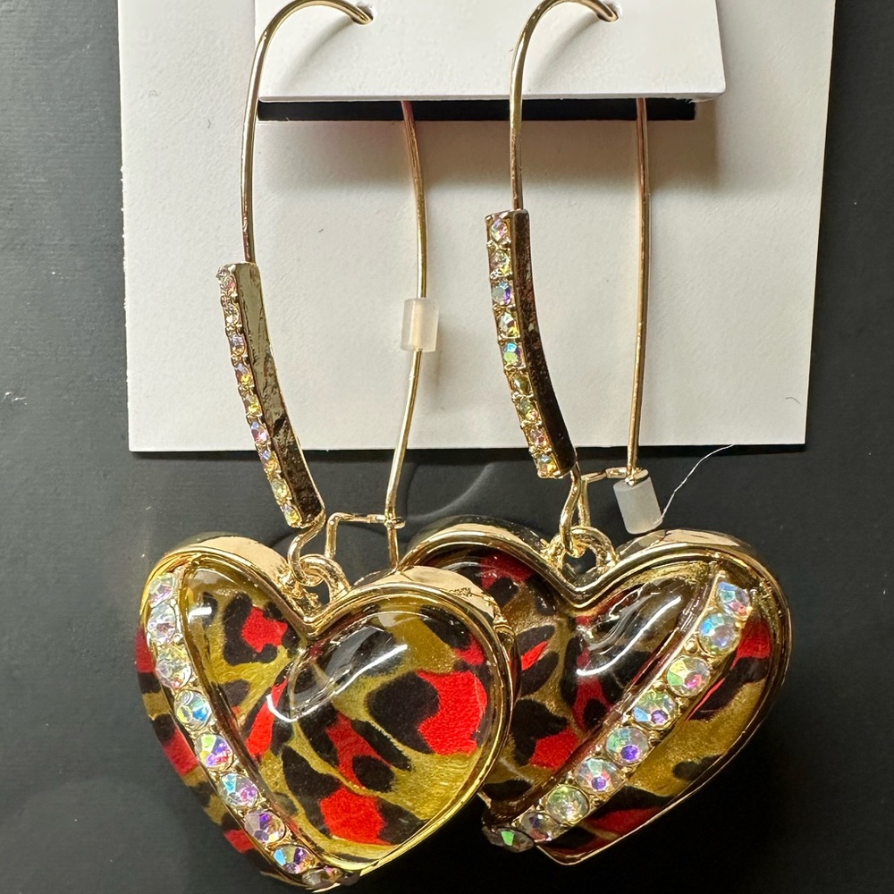 Gold-Tone Crystal Leopard Animal-Print Heart Drop Earrings